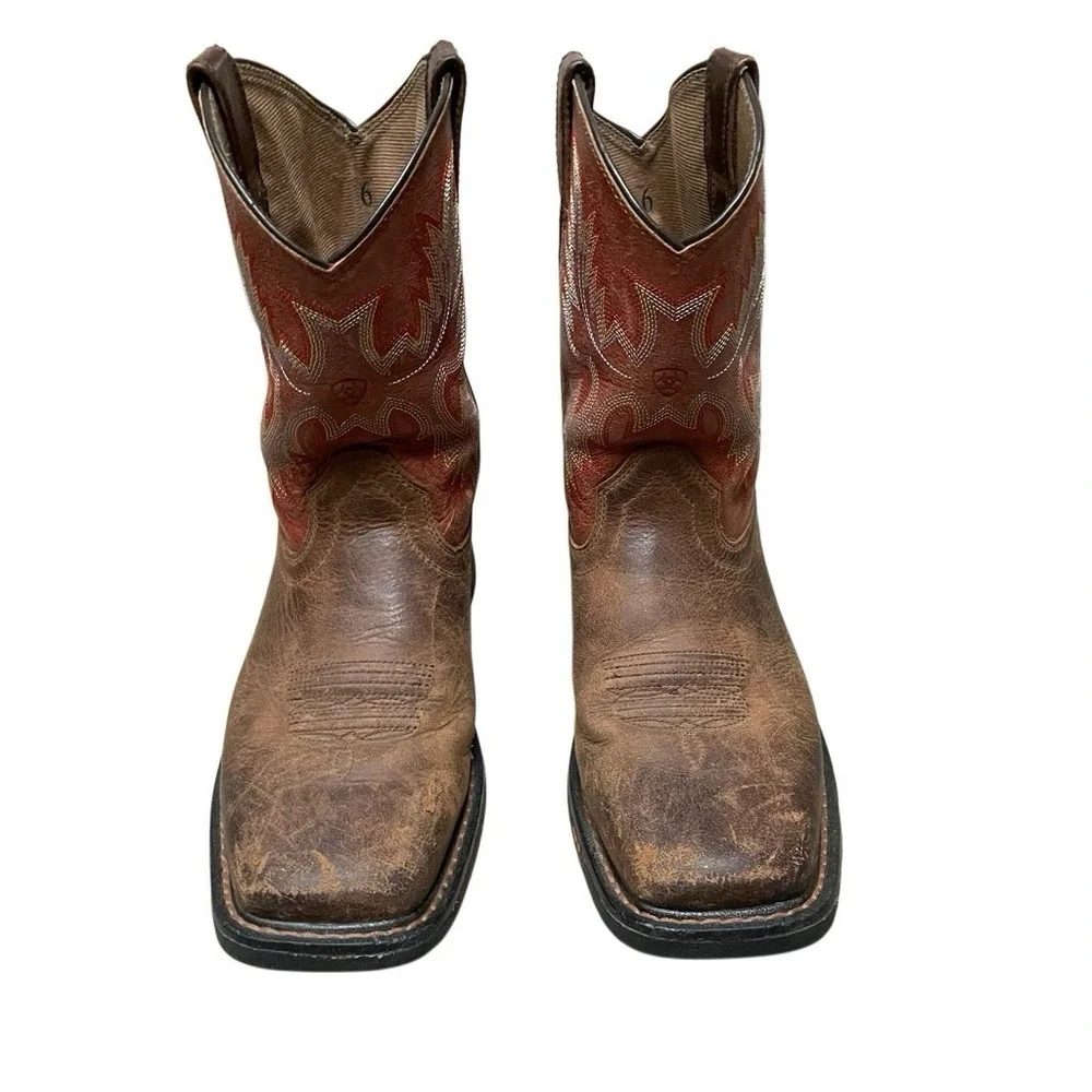 Ariat Kids Work Hog Size 6 Square Toe Distressed Western Boots Tan Red 10007837